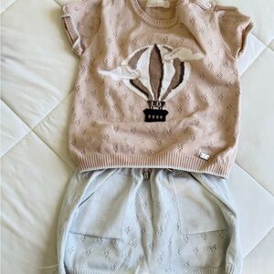 Pink Balloon Knit Top and Blue Shorts Set